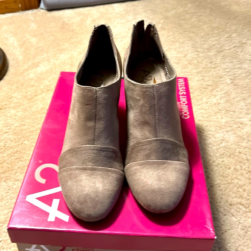A2 by Aerosoles, size 8, taupe, suede-like fabric booties with 2.5 inch heels